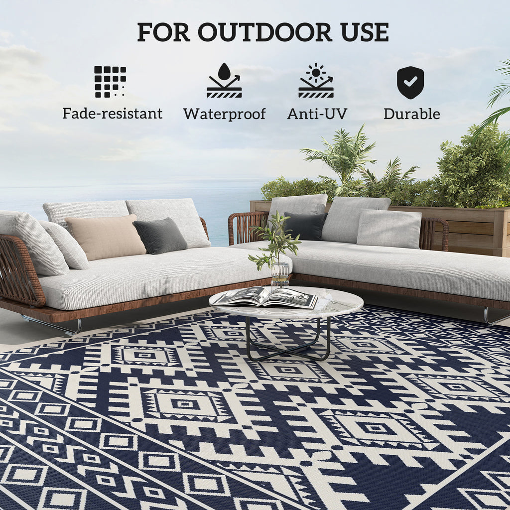 Reversible Outdoor Rug, Waterproof Plastic Straw With Carry Bag, 8 X 10, Blue  White Rhombus Border