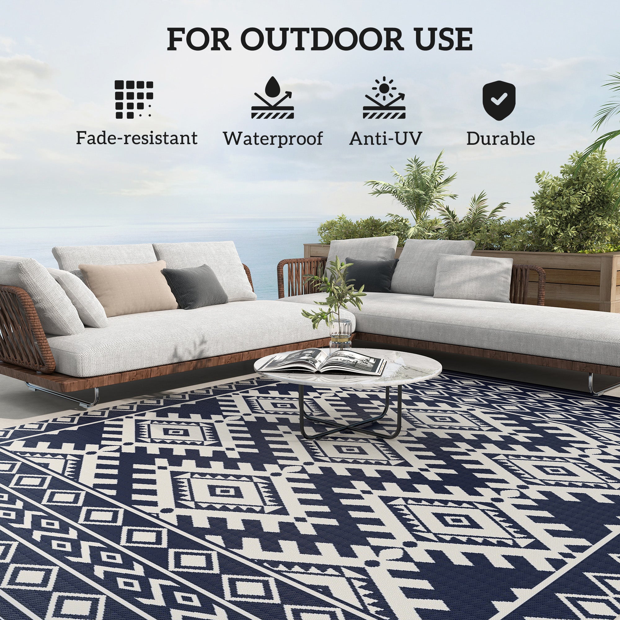 Reversible Outdoor Rug, Waterproof Plastic Straw With Carry Bag, 8 X 10, Blue  White Rhombus Border