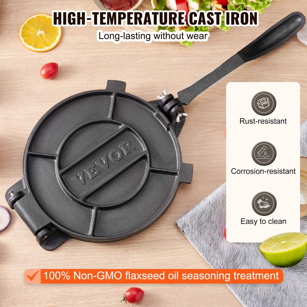 Tortilla Press, 10 Inch Tortilla And Roti Maker, Cast Iron Heavy Duty Tortilladora Press, Pre-Seasoned Pataconera Maker With 100 Pcs Parchment Paper, Dough Maker For Flour Tortilla, Tawa, Silver
