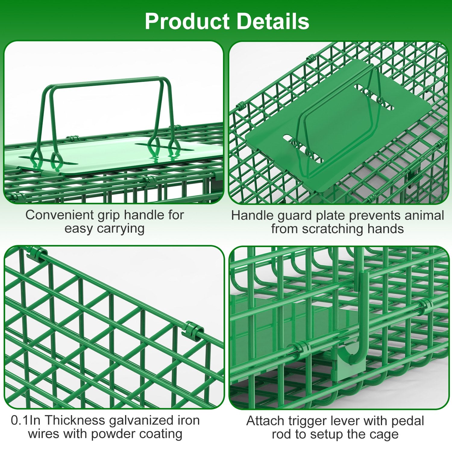 32in 2 Door Live Animal Cage Trap With Glove Green For Animals Under 12LBS Easy To Setup Humane Galvanized Iron Trap Cage For Rabbits Groundhogs Skunk Opossums Nutria Stray Cats