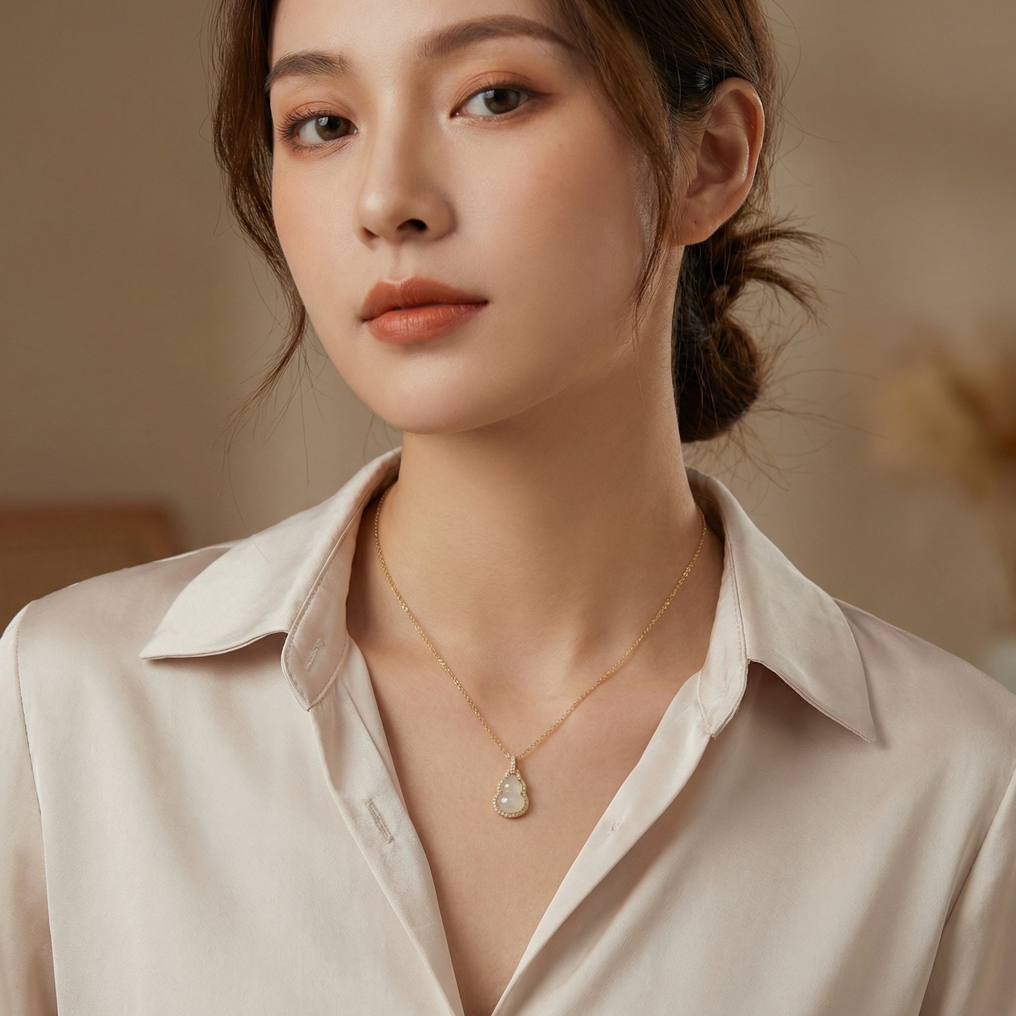 925 Sterling Silver Elegant White Jade Gourd Pendant Necklace with Shimmering Crystal Halo
