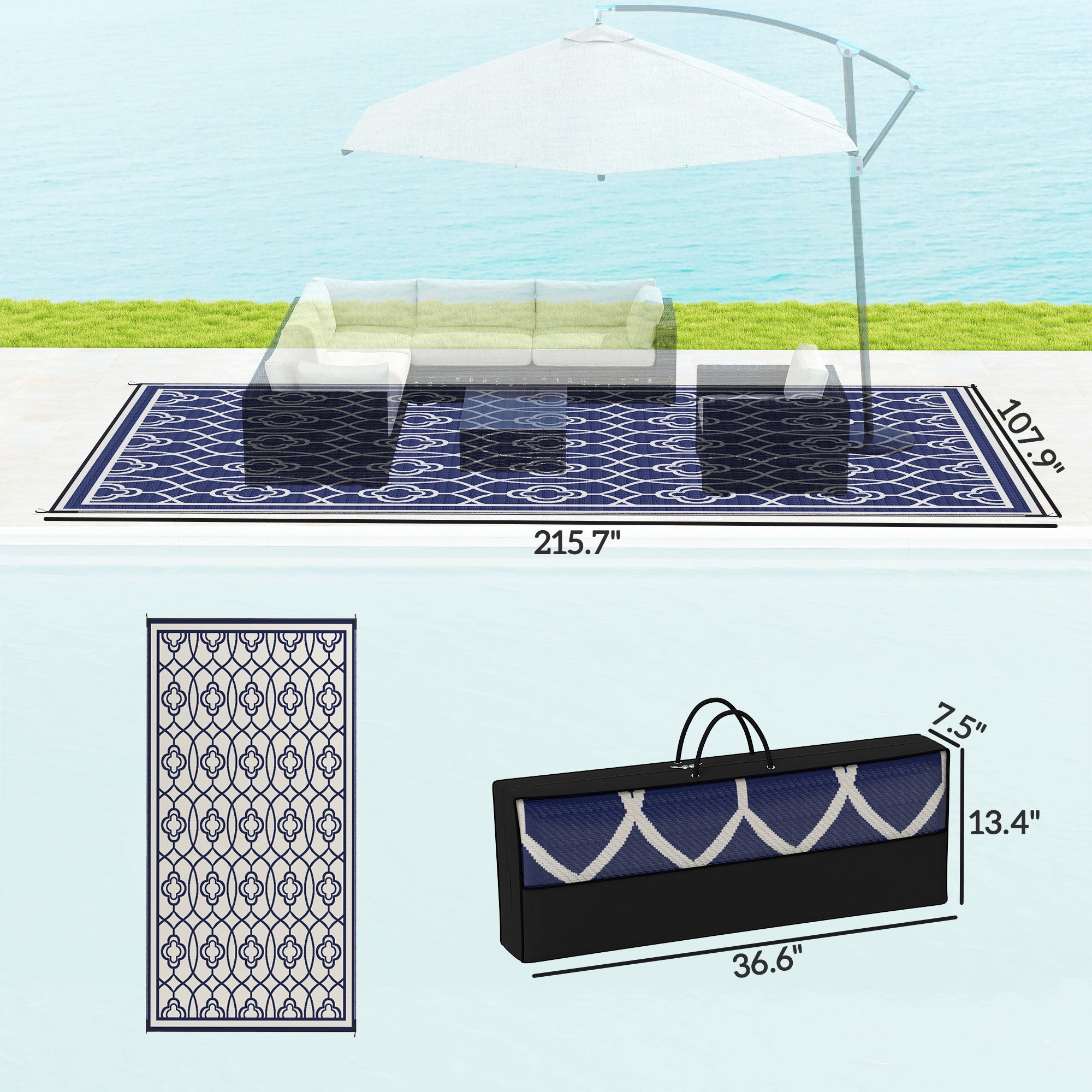 Reversible Outdoor Rug, Waterproof Plastic Straw With Carry Bag, 9 X 18, Blue & White Lantern