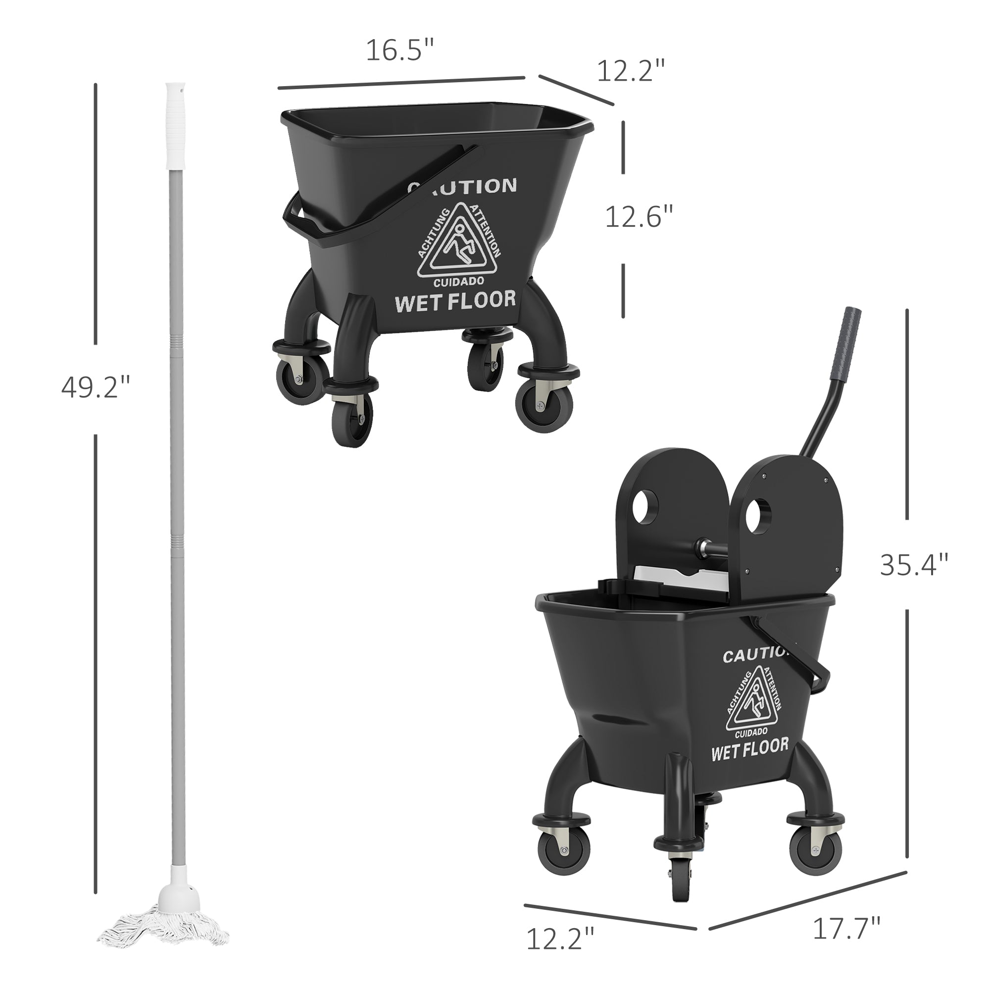 Mop Bucket With Wringer On Wheels For Floor Cleaning, 27.5 Quart Down Press Wringer With Handle And Mop, Black
