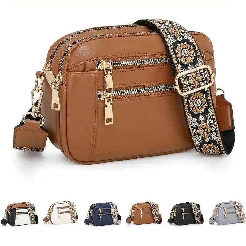 Handmade Women's Multi-Compartment Crossbody Bag & Wallet With Adjustable Strap, Golden-Tone Hardware, Zipper Closure - Premium Second-Layer Leather, 8.26x6.29, 6 Colors (Brown/White/Beige/Black/Blue/