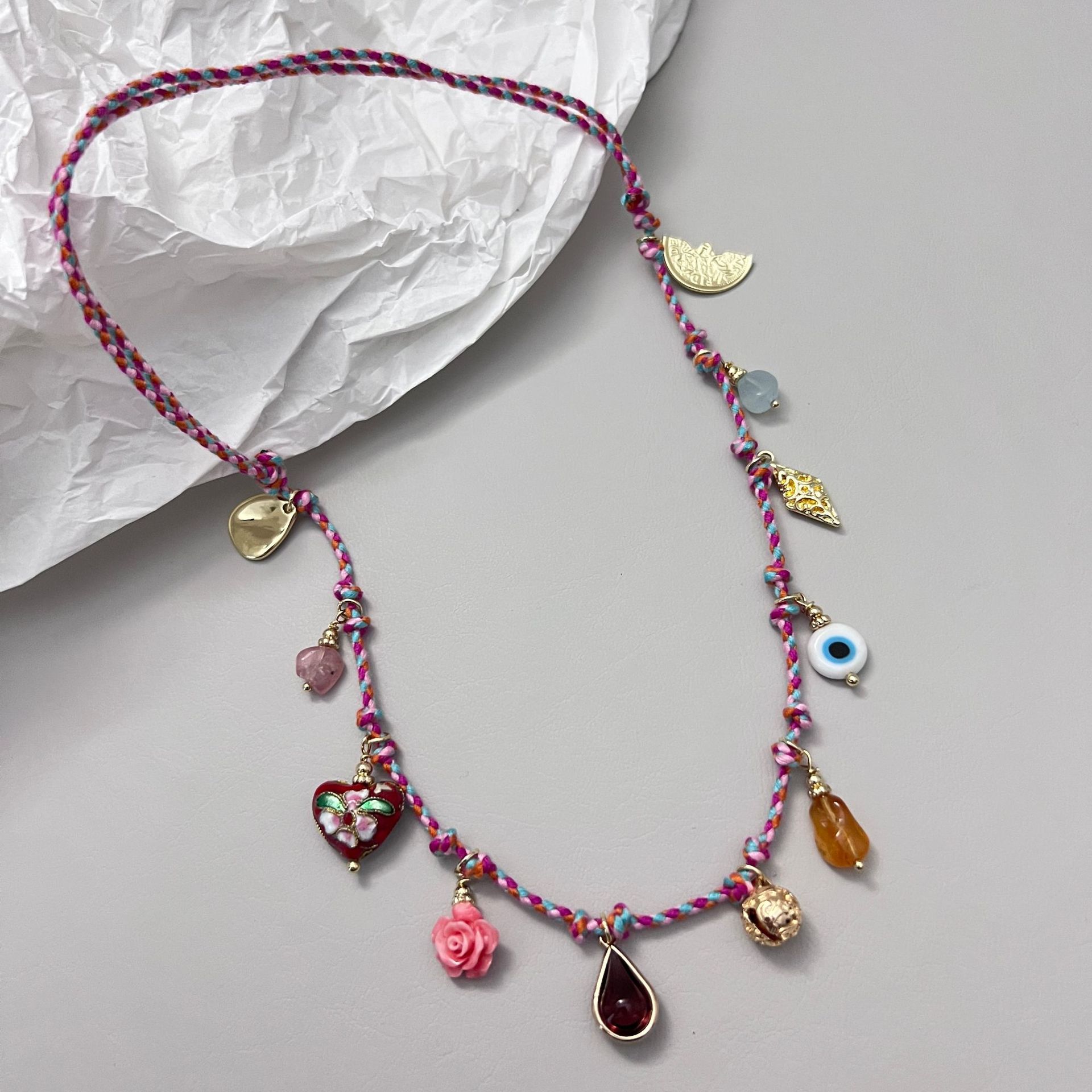 Vintage Colorful Braid Rope Multi-element Pendant Exquisite Handmade Necklace