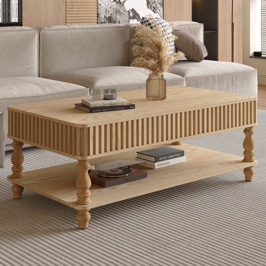 47.24 Lift Top Fluted Coffee Table With Hidden Storage With Roman Column Legs, Rectangle Handmade Solid Wood Strips For Small Space Apartment Living Room, Multi-Functional Lift-Top Design