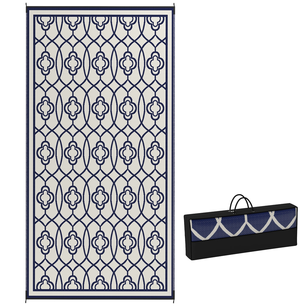 Reversible Outdoor Rug, Waterproof Plastic Straw With Carry Bag, 9 X 18, Blue & White Lantern