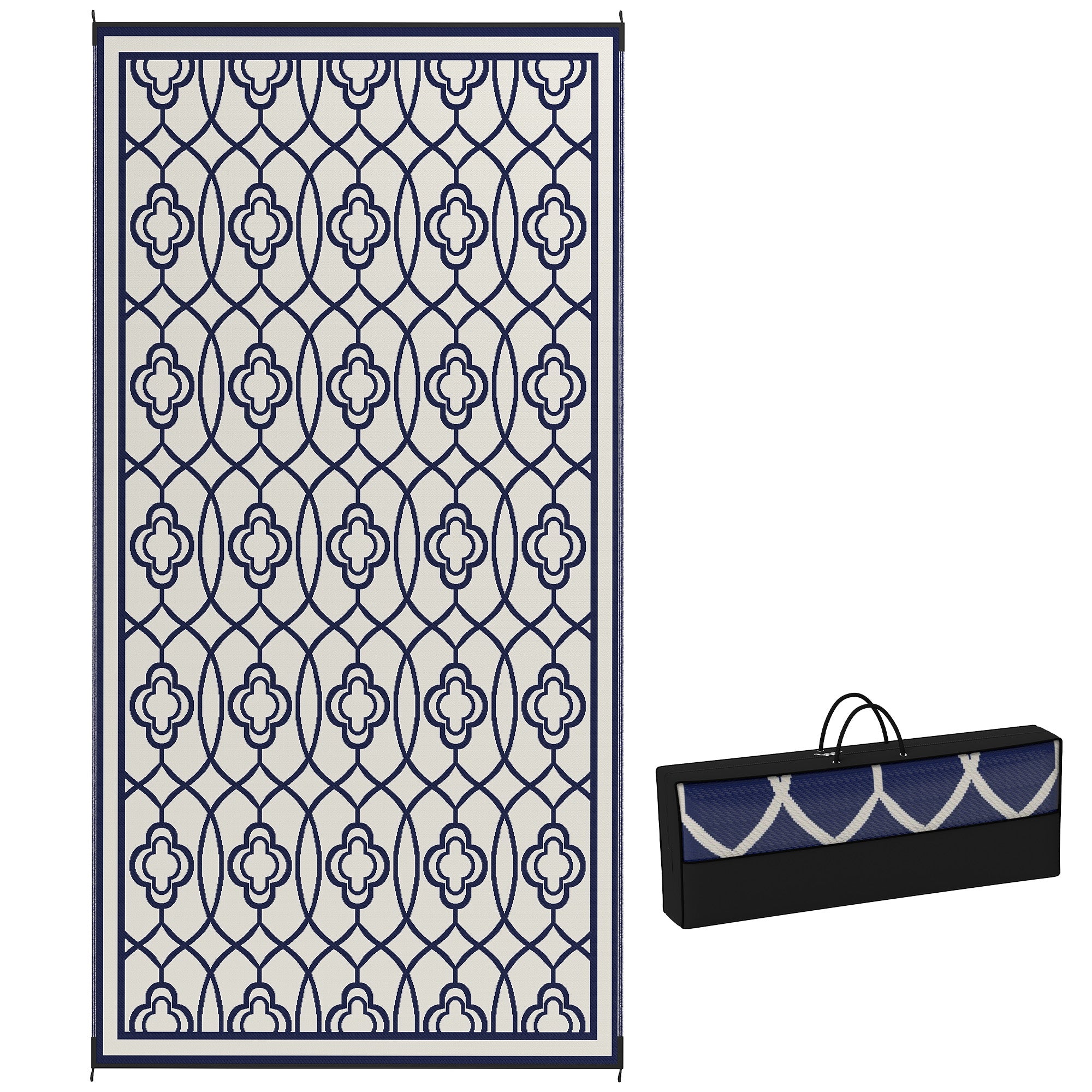 Reversible Outdoor Rug, Waterproof Plastic Straw With Carry Bag, 9 X 18, Blue & White Lantern
