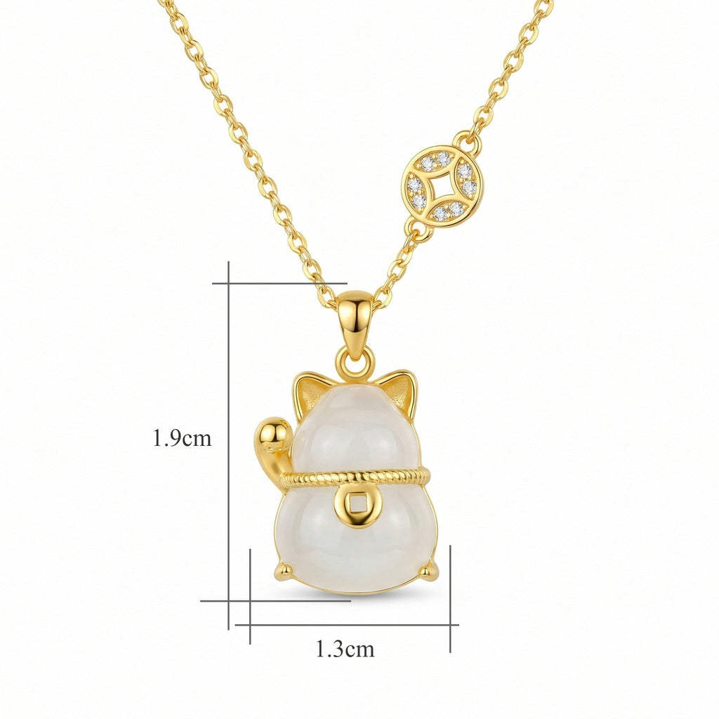 925 Sterling Silver Elegant Maneki-Neko White Jade Gemstone Pendant Necklace with Lucky Coin Charm Detail