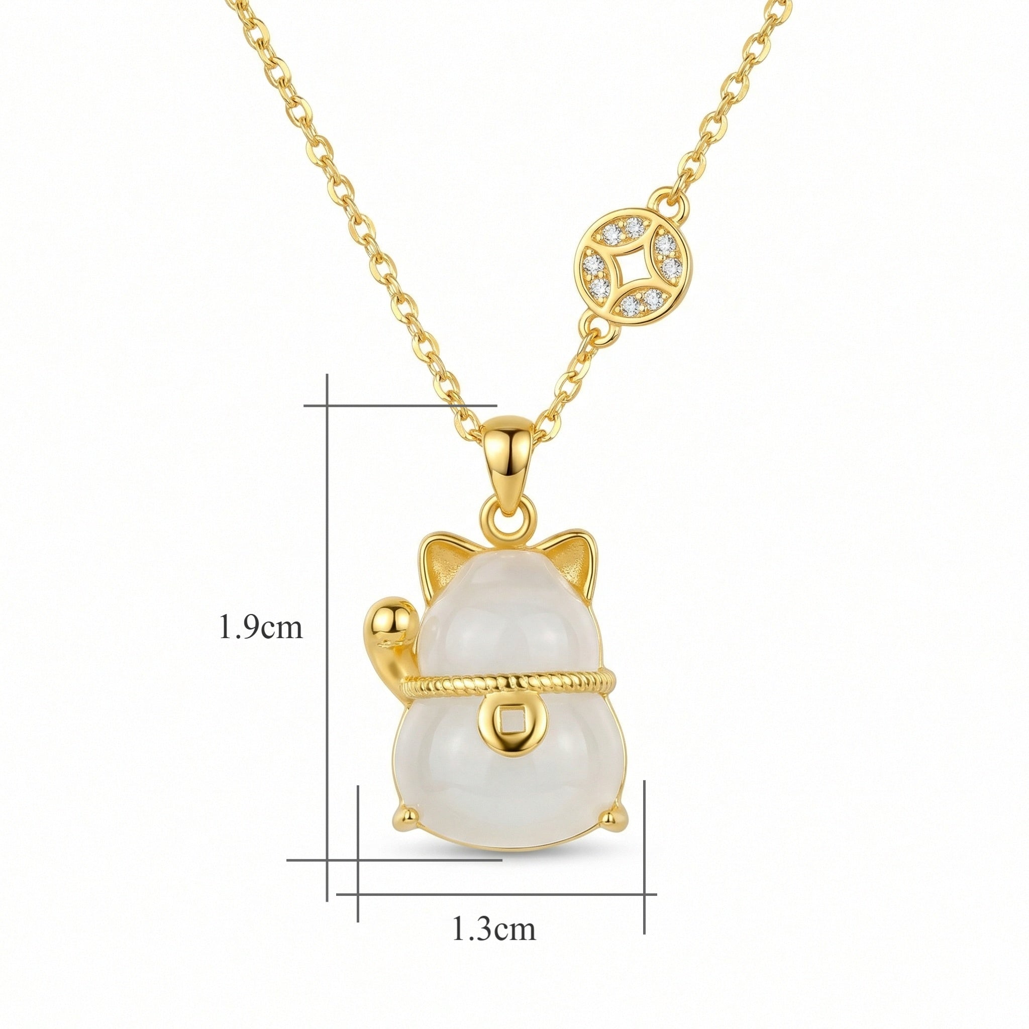 925 Sterling Silver Elegant Maneki-Neko White Jade Gemstone Pendant Necklace with Lucky Coin Charm Detail