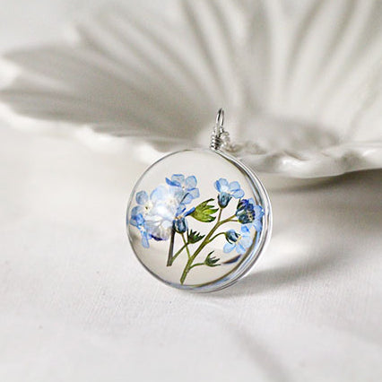 Handmade Dry Flower Glass Silver Plated Necklace