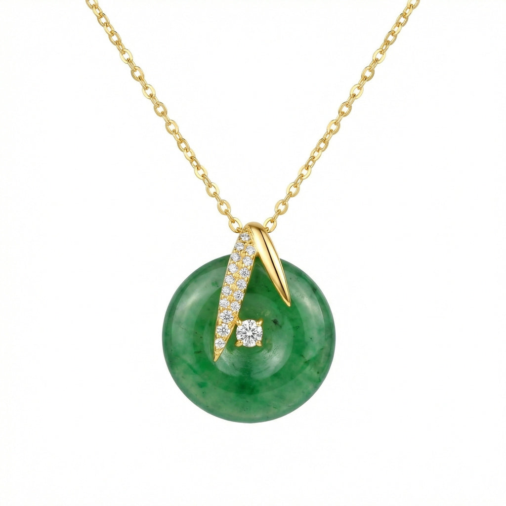 925 Sterling Silver Elegant Green Jade Pi Disc Pendant Necklace Featuring Brilliant CZ Accents and Sophisticated Metal Chain