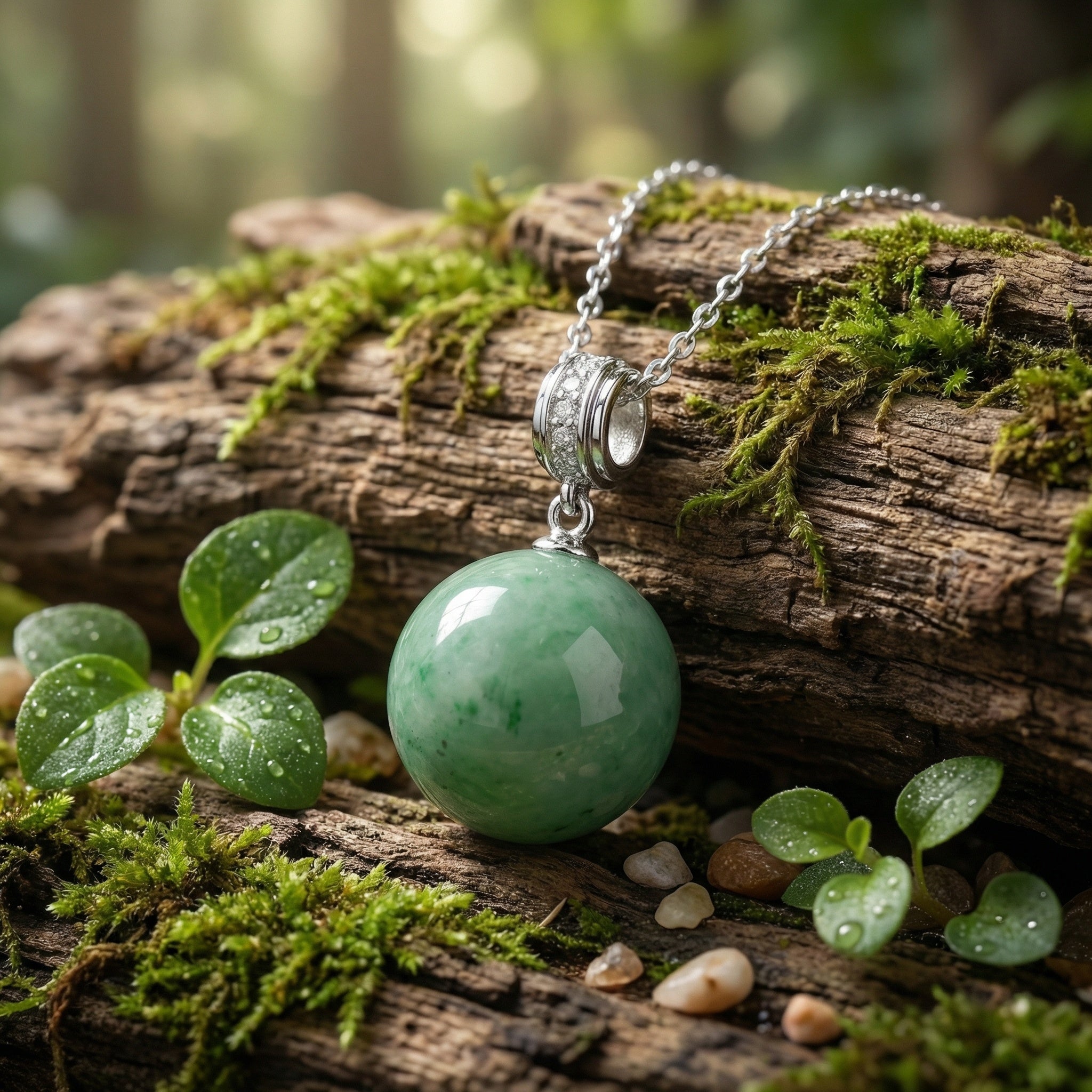 925 Sterling Silver Elegant Green Jade Round Sphere Pendant Necklace with Gemstone-Encrusted Bail