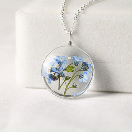 Handmade Dry Flower Glass Silver Plated Necklace