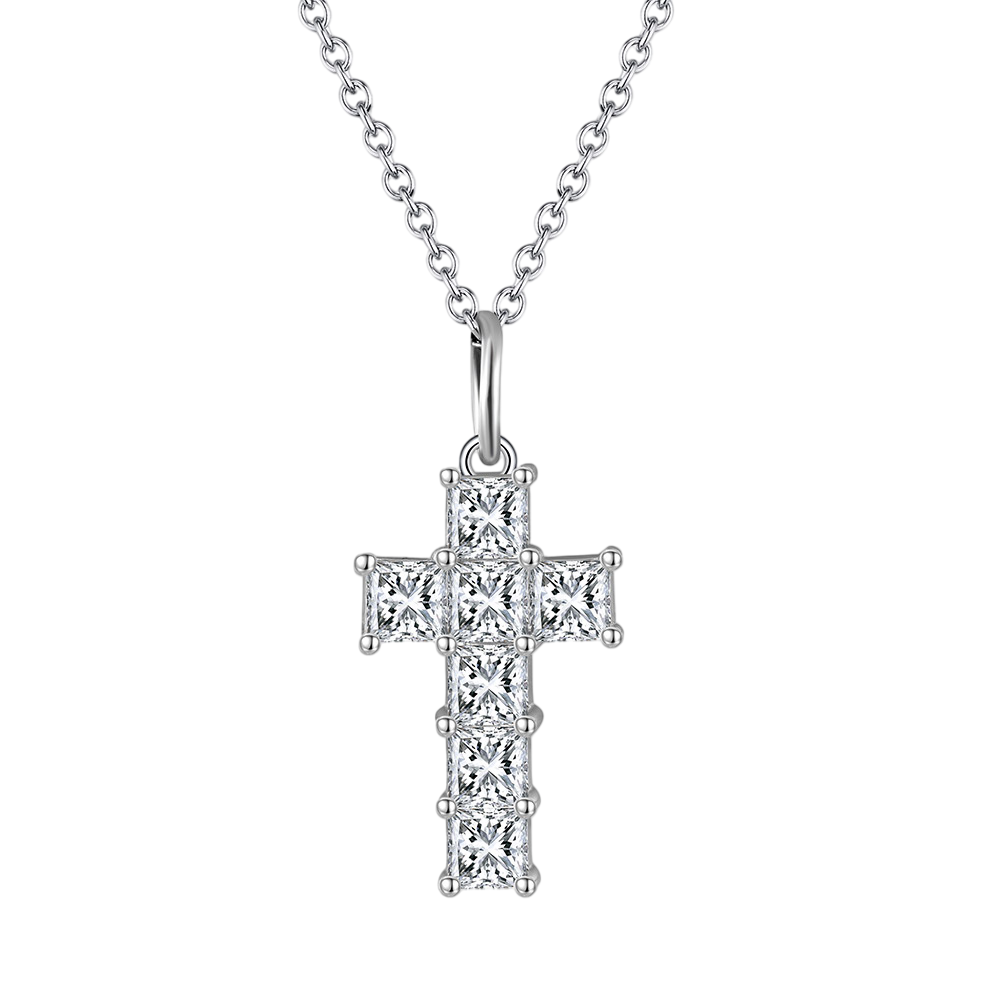 925 Sterling Silver White Gold CZ Cross Pendant Necklace