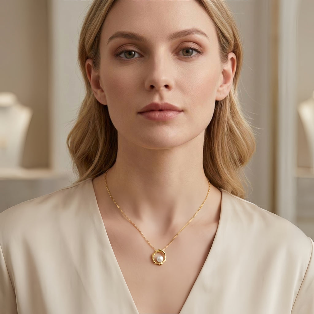 925 Sterling Silver Organic Wavy Pendant Necklace with Lustrous Floating Pearl Accent