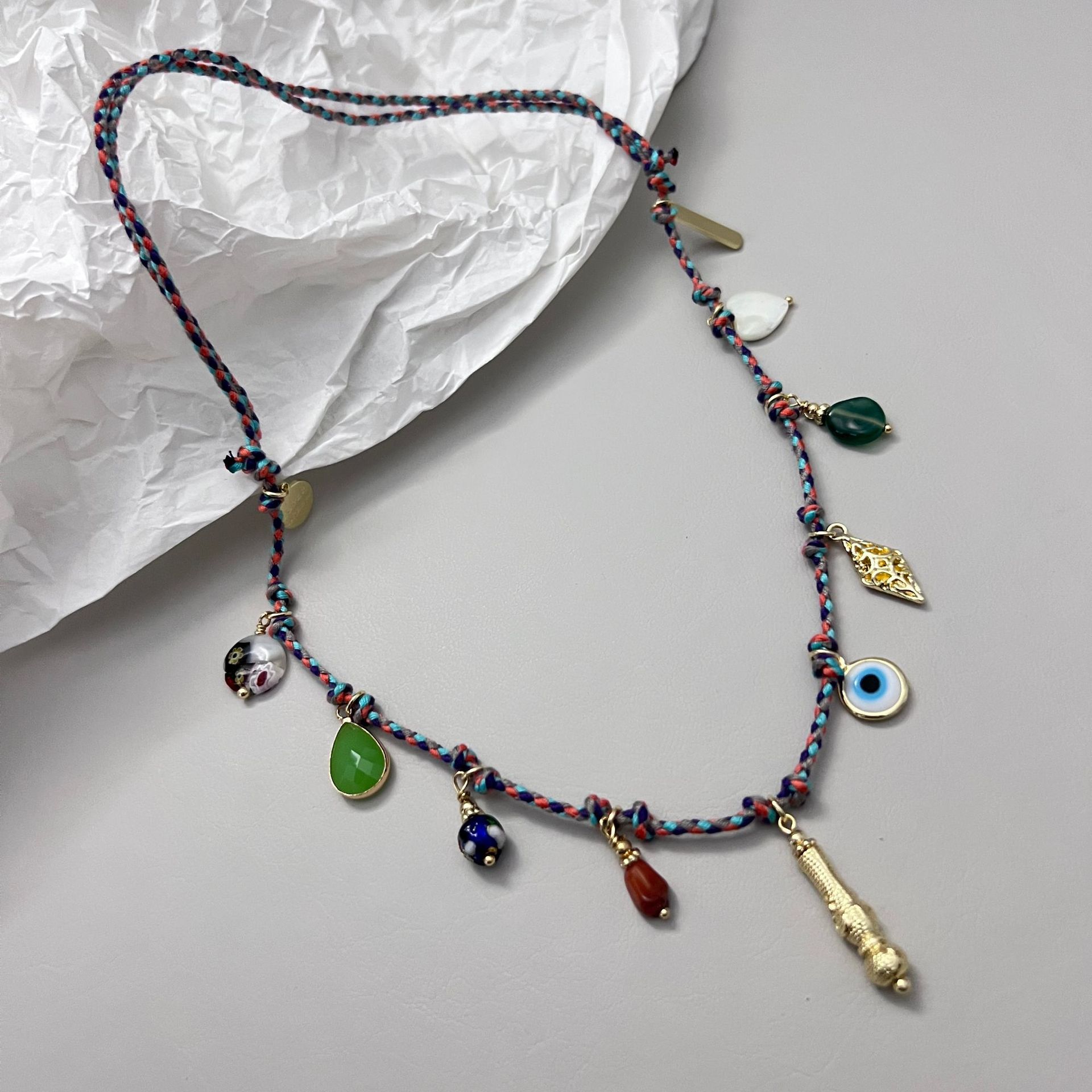 Vintage Colorful Braid Rope Multi-element Pendant Exquisite Handmade Necklace