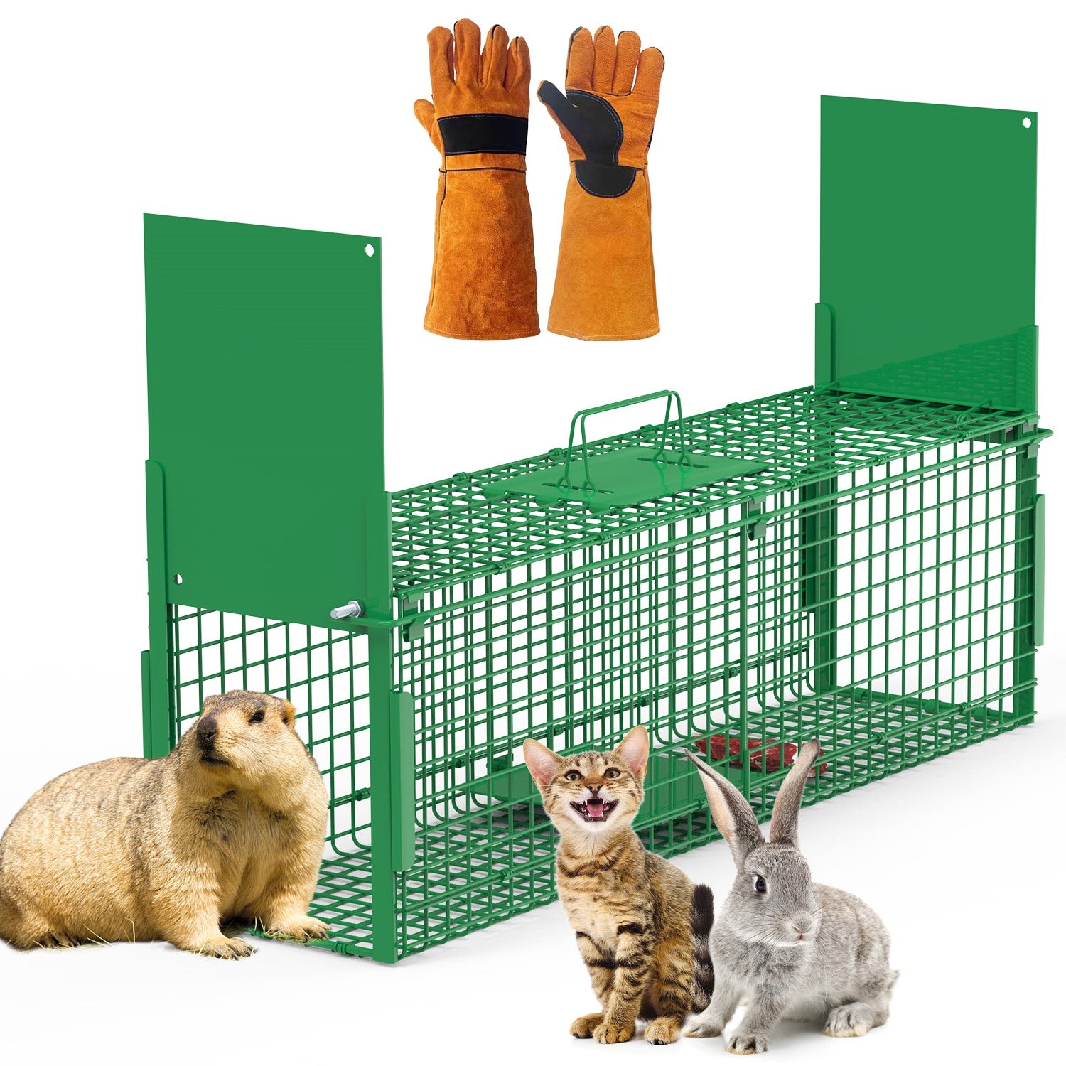 32in 2 Door Live Animal Cage Trap With Glove Green For Animals Under 12LBS Easy To Setup Humane Galvanized Iron Trap Cage For Rabbits Groundhogs Skunk Opossums Nutria Stray Cats