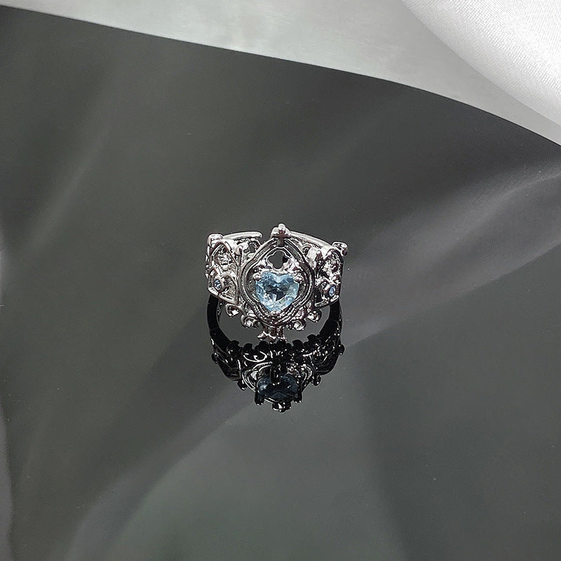 Trendy Lake Blue Zircon Ring Retro Light Luxury Temperament Band