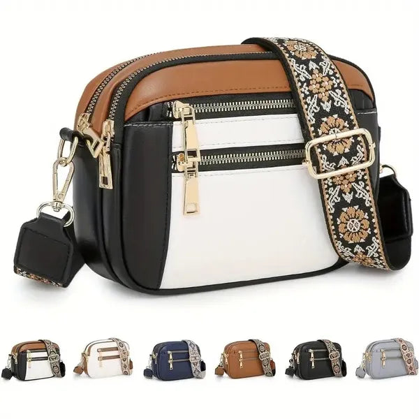 Handmade Women's Multi-Compartment Crossbody Bag & Wallet With Adjustable Strap, Golden-Tone Hardware, Zipper Closure - Premium Second-Layer Leather, 8.26x6.29, 6 Colors (Brown/White/Beige/Black/Blue/