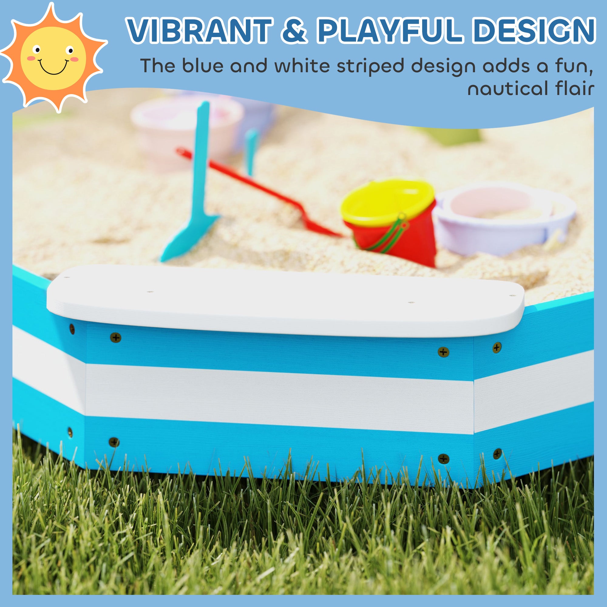 Kids Sandbox With 4 Corner Seats, Bottom Liner For Backyard, Garden, Outdoor, 52 X 52 X 6, Blue