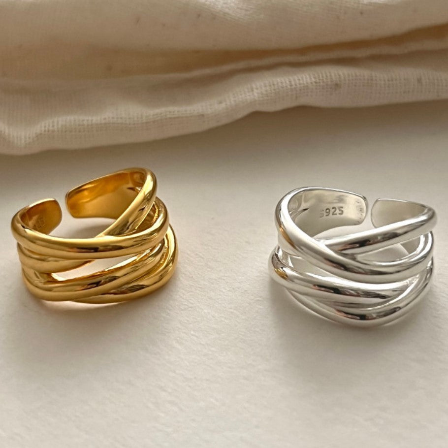 S925 Irregular Glossy Line Cross Ring, Ins Popular Fashion Minimalist Adjustable Band, Versatile Daily Wear Finger Ring