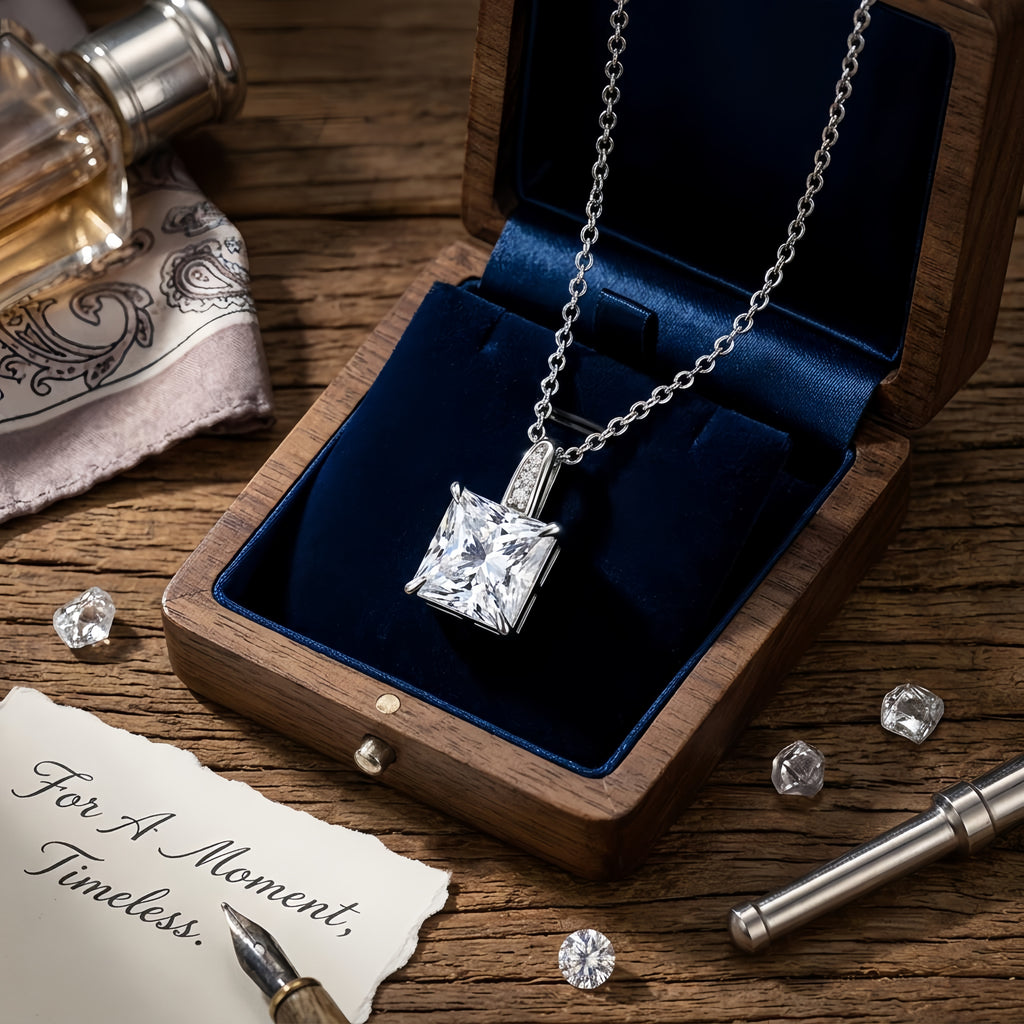 925 Sterling Silver Elegant Square-Cut CZ Pendant Necklace